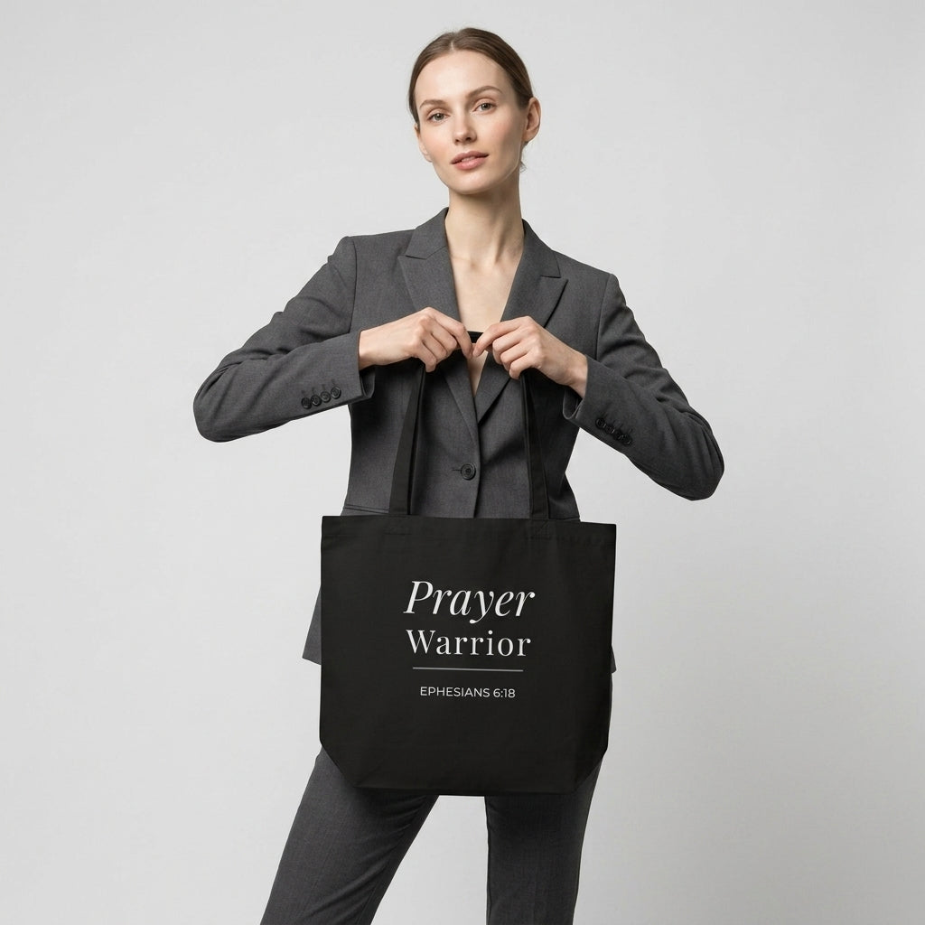 Model carrying a black cotton Christian tote bag with matching black handles and a white “Prayer Warrior Ephesians 6:18” design.