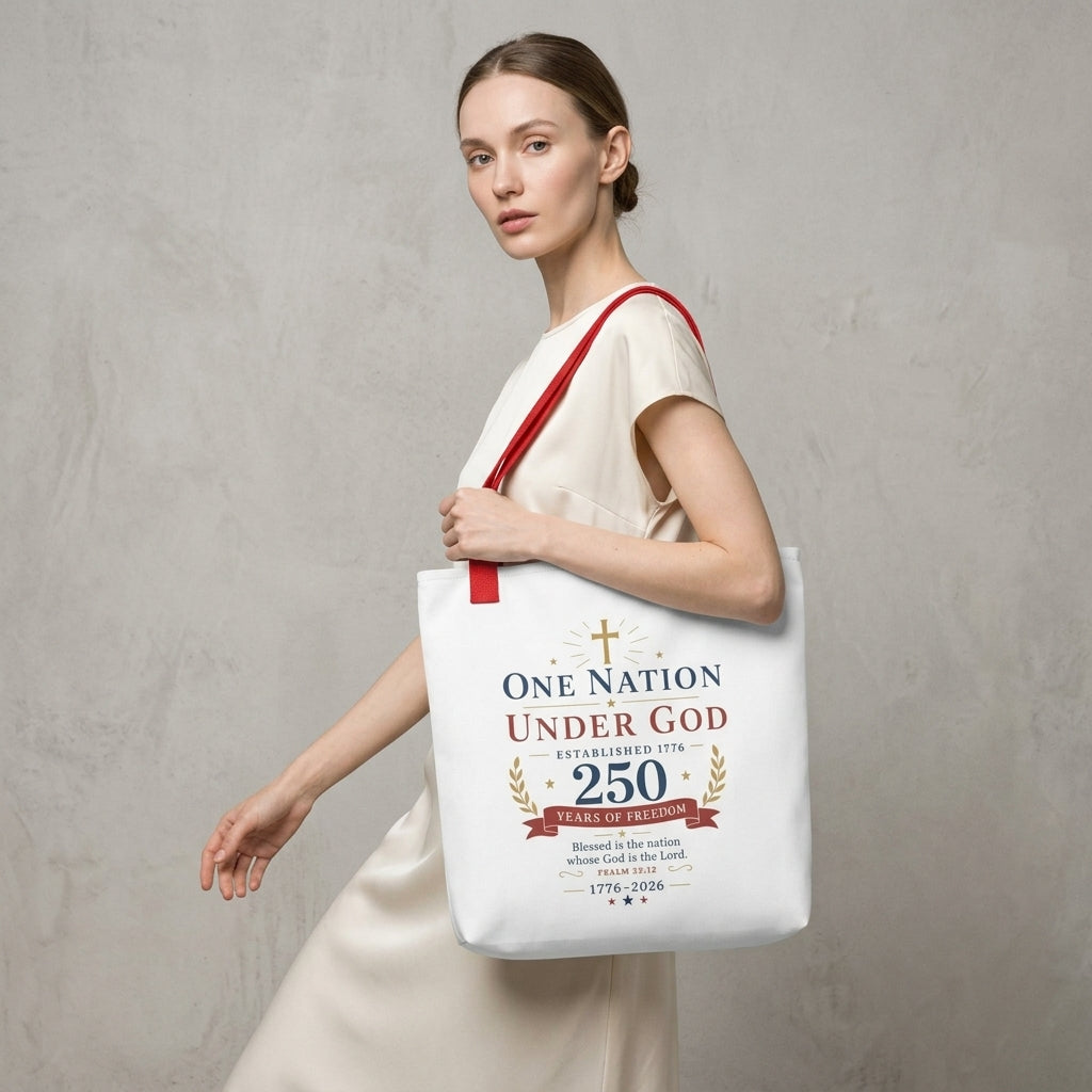 Model carrying a patriotic Christian tote bag with red handles and a faith-based 250 years of freedom design.