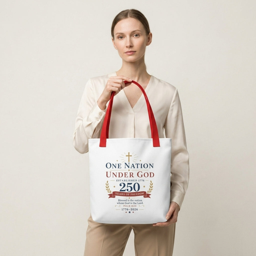Model carrying a patriotic Christian tote bag with red handles and a faith-based 250 years of freedom design.