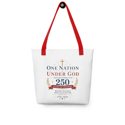 Christian patriotic tote bag hanging on a hook, featuring red straps and a “One Nation Under God Established 1776” design.