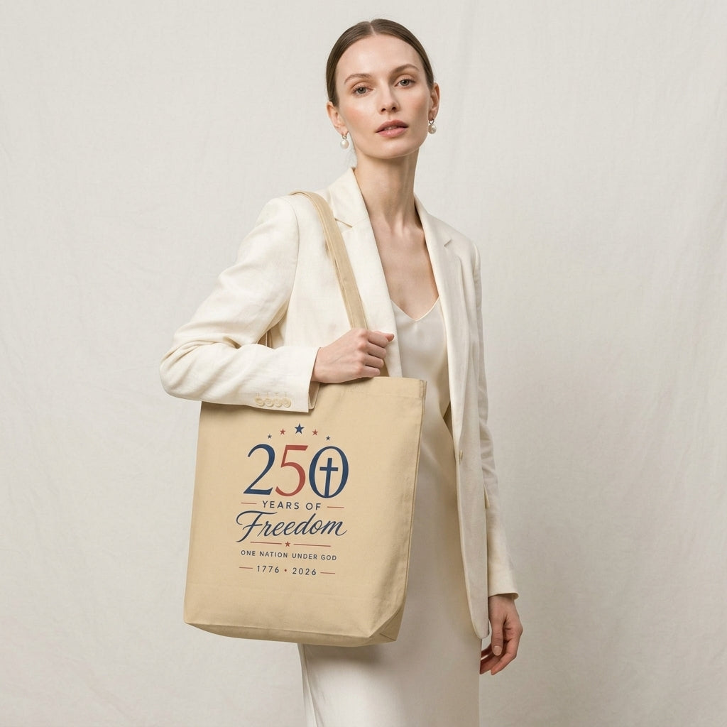 Model carrying a natural cotton Christian patriotic tote bag with a “250 Years of Freedom, One Nation Under God” design.