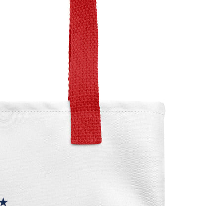 Patriotic tote bag with a red strap on a white background