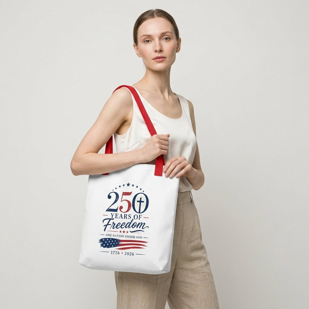 Model carrying a white Christian Fourth of July tote bag with red handles and a “250 Years of Freedom, One Nation Under God” design.