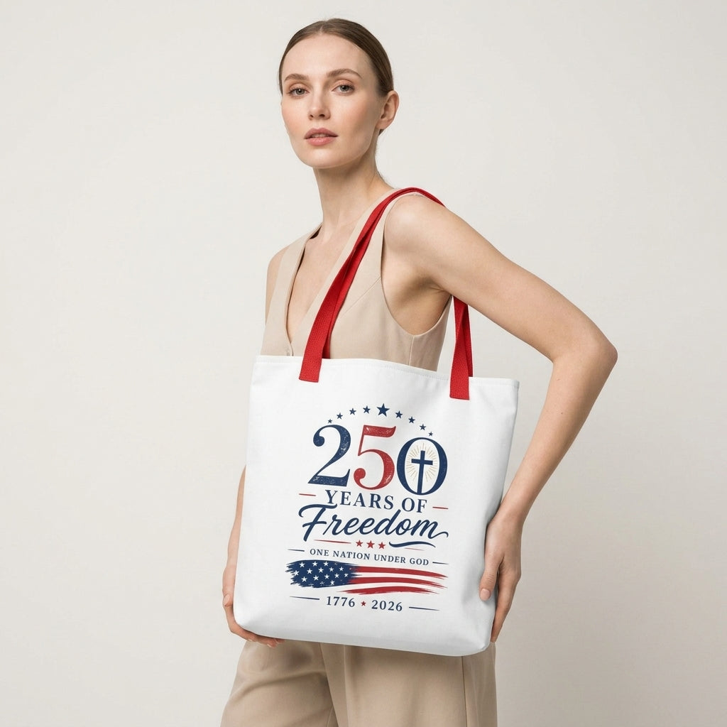 Model carrying a white Christian Fourth of July tote bag with red handles and a “250 Years of Freedom, One Nation Under God” design.