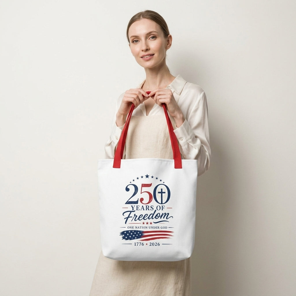 Model carrying a white Christian Fourth of July tote bag with red handles and a “250 Years of Freedom, One Nation Under God” design.