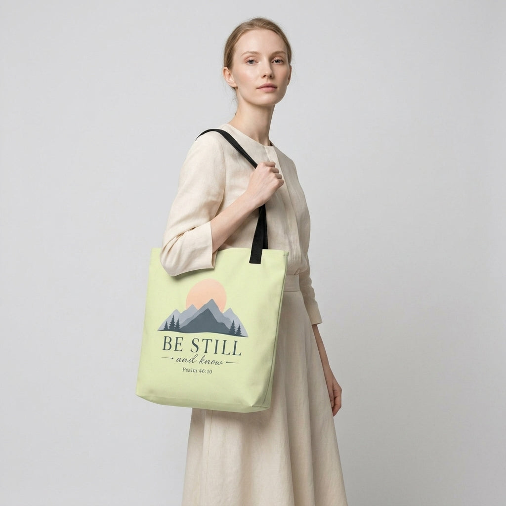 Model carrying a light green Christian tote bag with black handles and a peaceful mountain design featuring Psalm 46:10.
