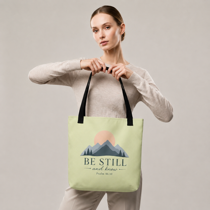 Model carrying a light green Christian tote bag with black handles and a peaceful mountain design featuring Psalm 46:10.