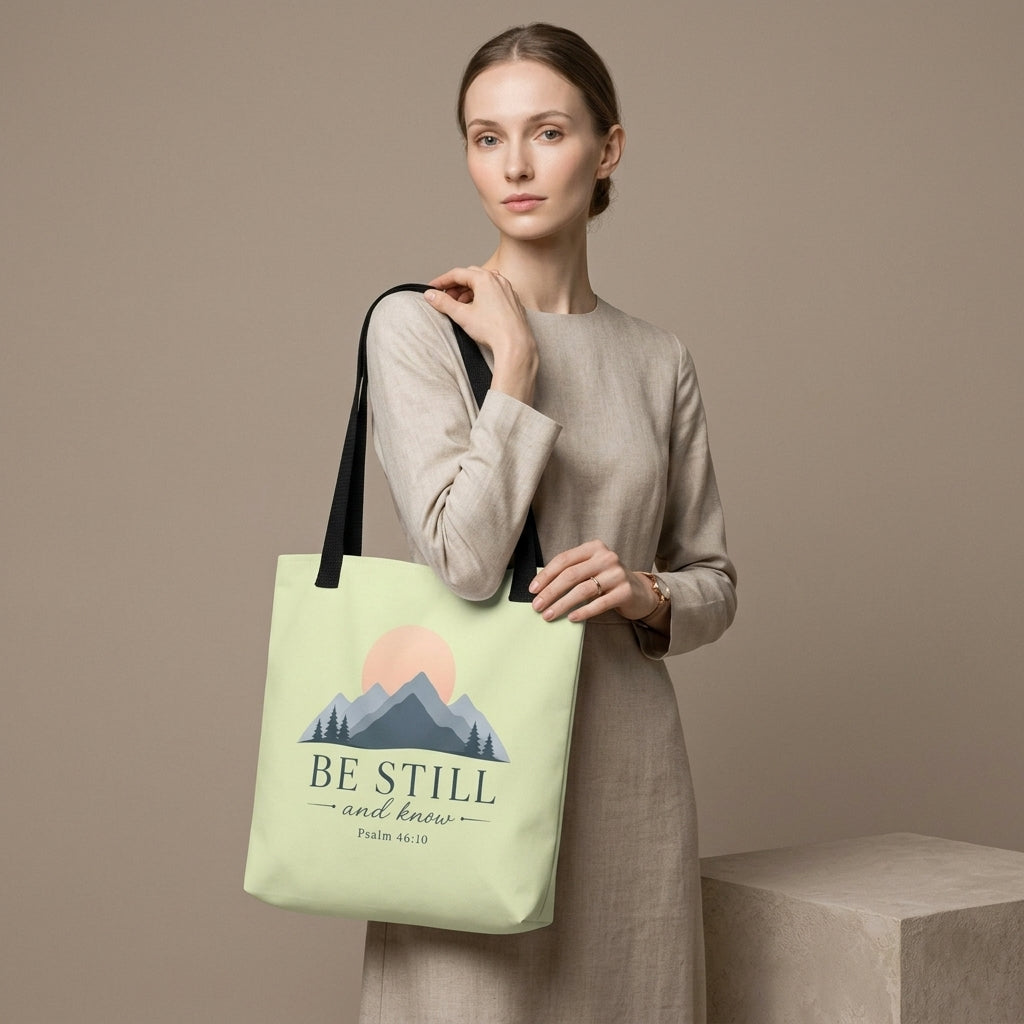 Model carrying a light green Christian tote bag with black handles and a peaceful mountain design featuring Psalm 46:10.