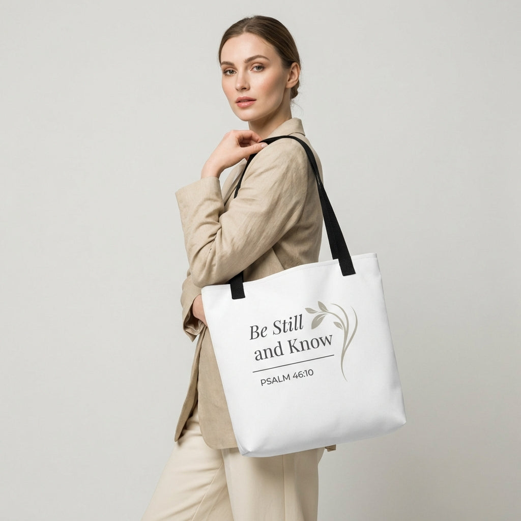 Lifestyle photo of a model holding a white tote bag with black handles featuring “Be still and know,” “Psalm 46:10,” and a floral line design in dark gray.