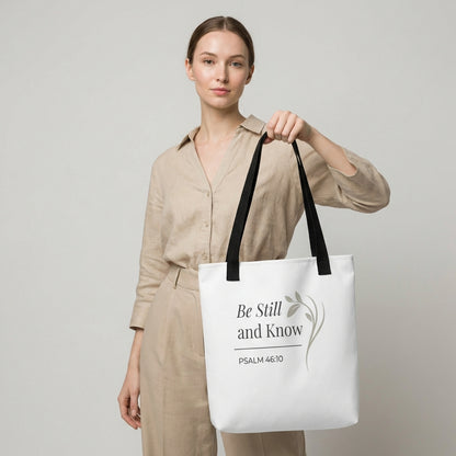 Lifestyle photo of a model holding a white tote bag with black handles featuring “Be still and know,” “Psalm 46:10,” and a floral line design in dark gray.