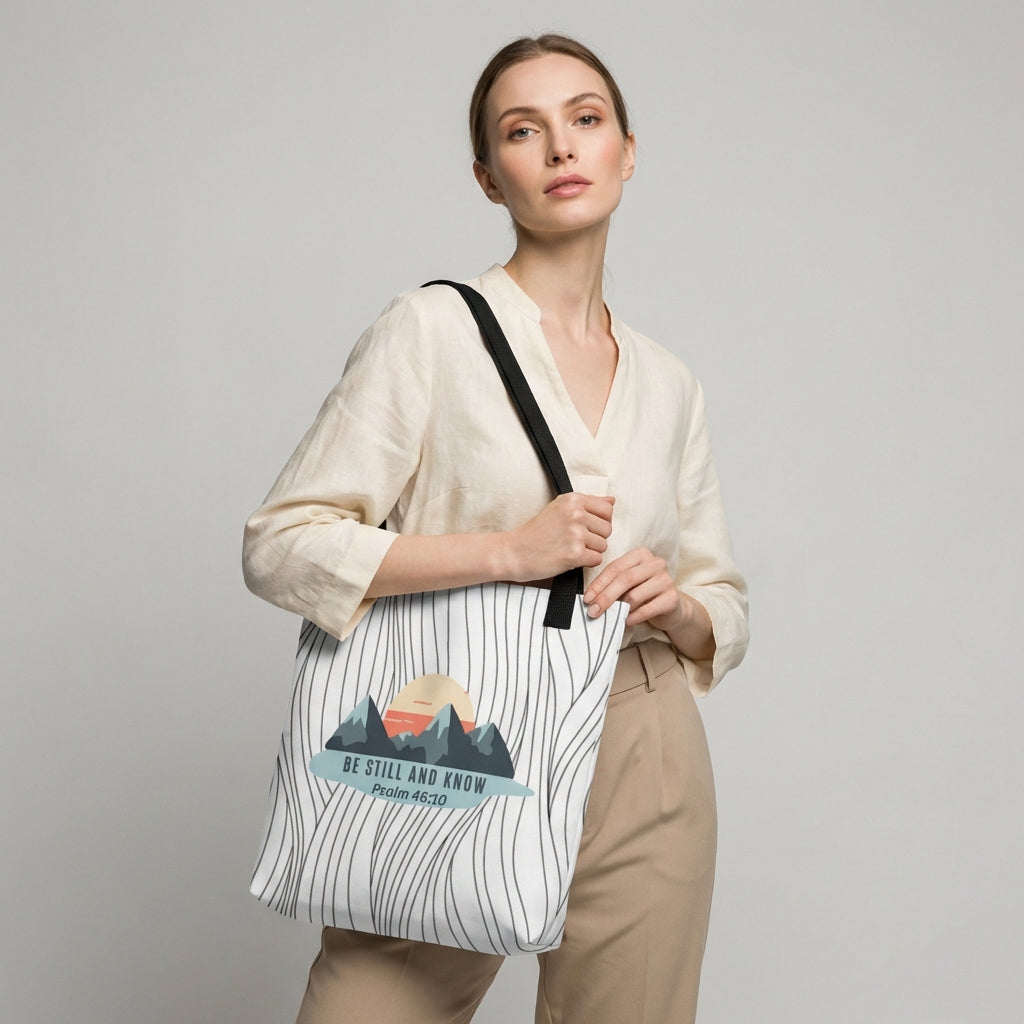 Model holding a tote with black handles featuring the “BE STILL AND KNOW — Psalm 46:10” mountain graphic on a wavy line background.