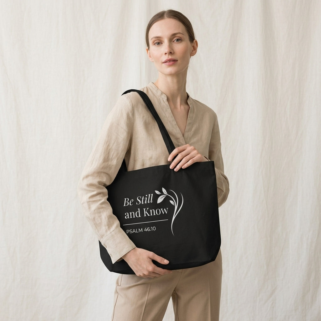 Model carrying a large black cotton Christian tote bag with matching handles and a white “Be Still and Know Psalm 46:10” design.