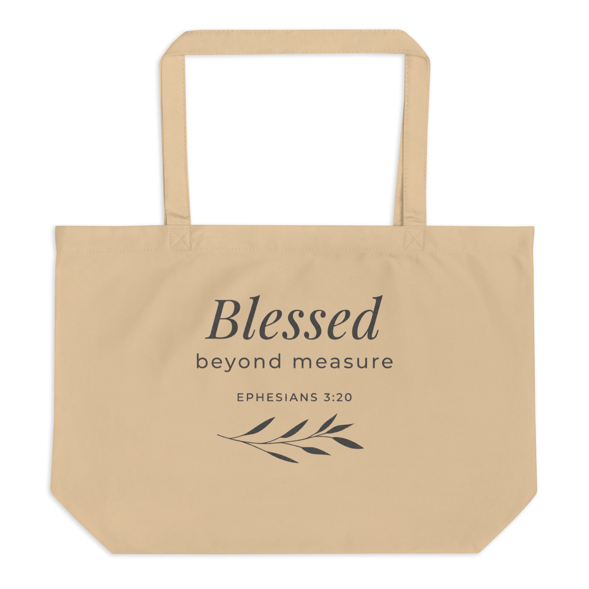 Front view of a natural cotton Christian tote bag with matching beige handles and a “Blessed Beyond Measure Ephesians 3:20” design.