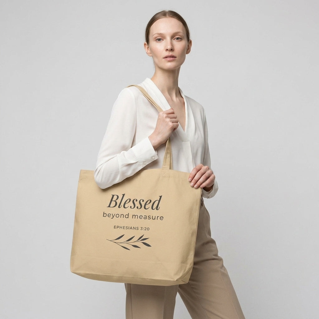Model carrying a natural cotton Christian tote bag with beige handles and a “Blessed Beyond Measure Ephesians 3:20” design.
