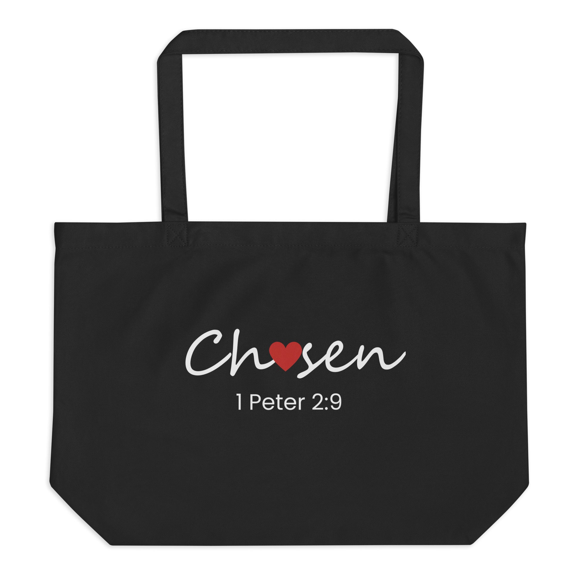 Front view of a black tote bag featuring the word “Chosen” with a red heart and “1 Peter 2:9” in white text.