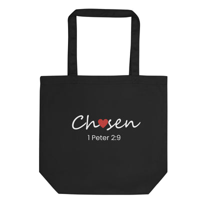 Black cotton tote bag with “Chosen” in white script with a red heart accent and “1 Peter 2:9” printed underneath.