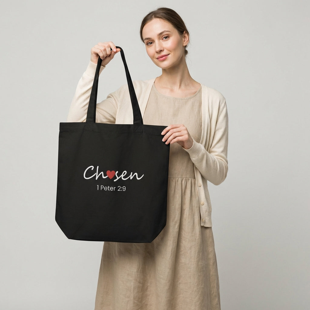 Model holding a black cotton tote bag printed with “Chosen” (red heart accent) and “1 Peter 2:9” beneath.