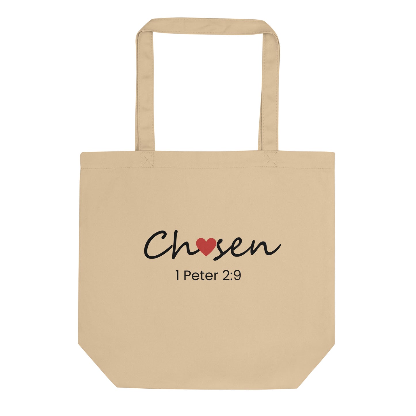 Natural cotton tote bag with “Chosen” in black script with a red heart accent and “1 Peter 2:9” printed underneath.