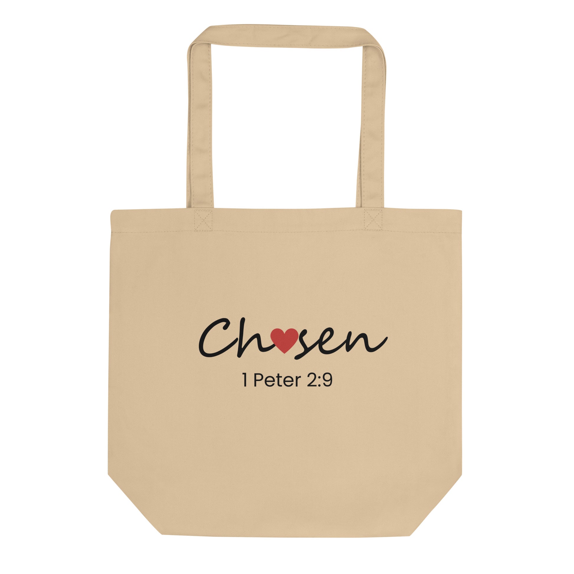 Natural cotton tote bag with “Chosen” in black script with a red heart accent and “1 Peter 2:9” printed underneath.