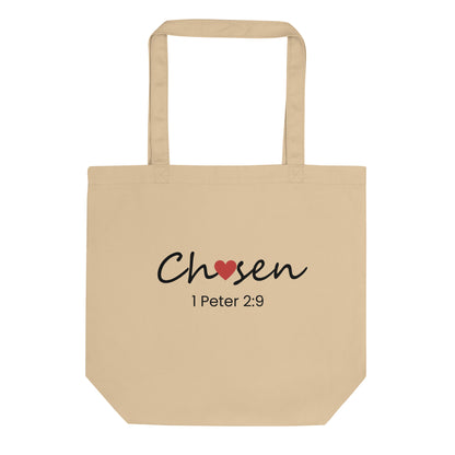Natural cotton tote bag with “Chosen” in black script with a red heart accent and “1 Peter 2:9” printed underneath.