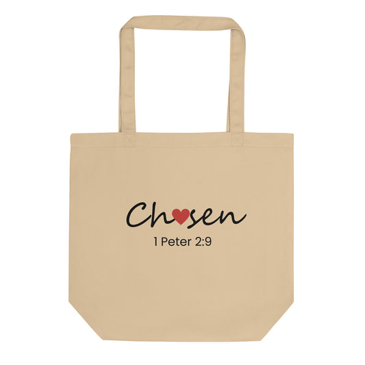 Natural cotton tote bag with “Chosen” in black script with a red heart accent and “1 Peter 2:9” printed underneath.