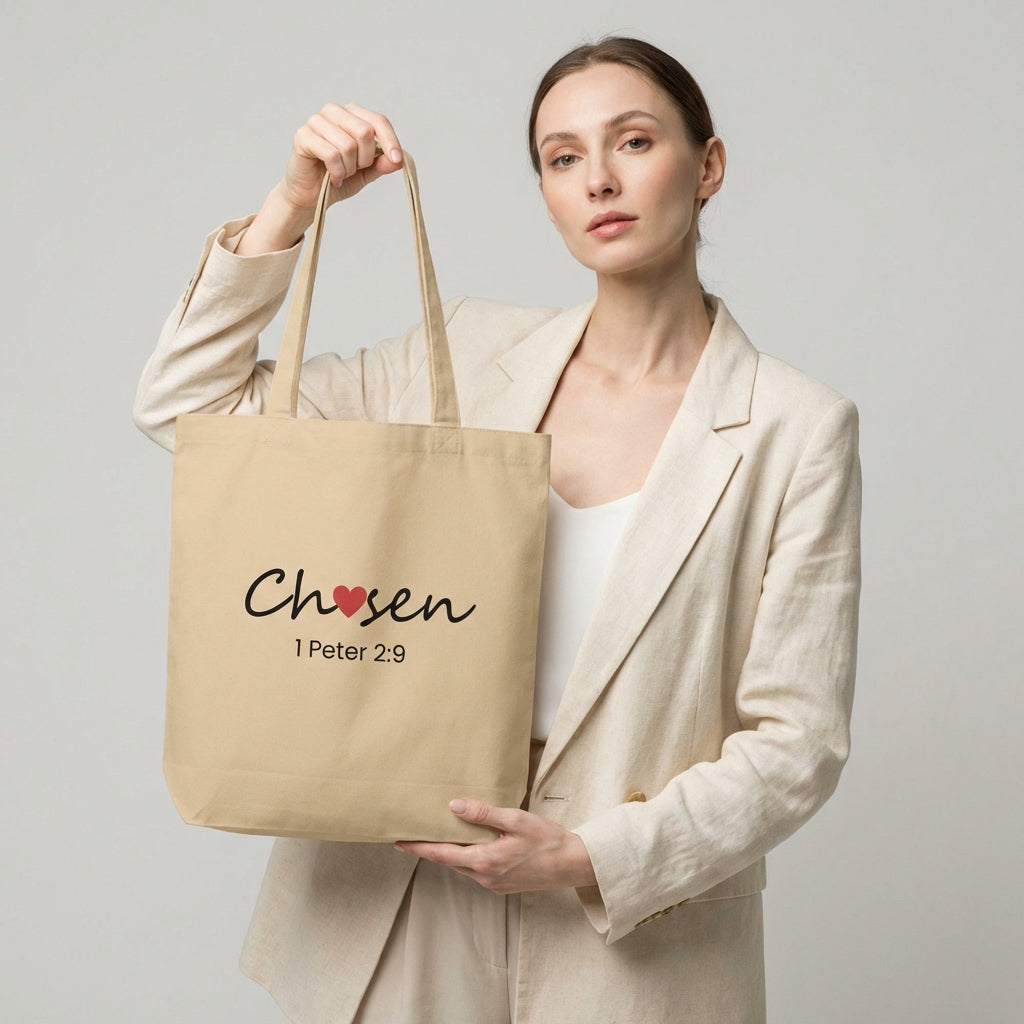 Model holding a natural cotton tote bag printed with “Chosen” (red heart accent) and “1 Peter 2:9” beneath.