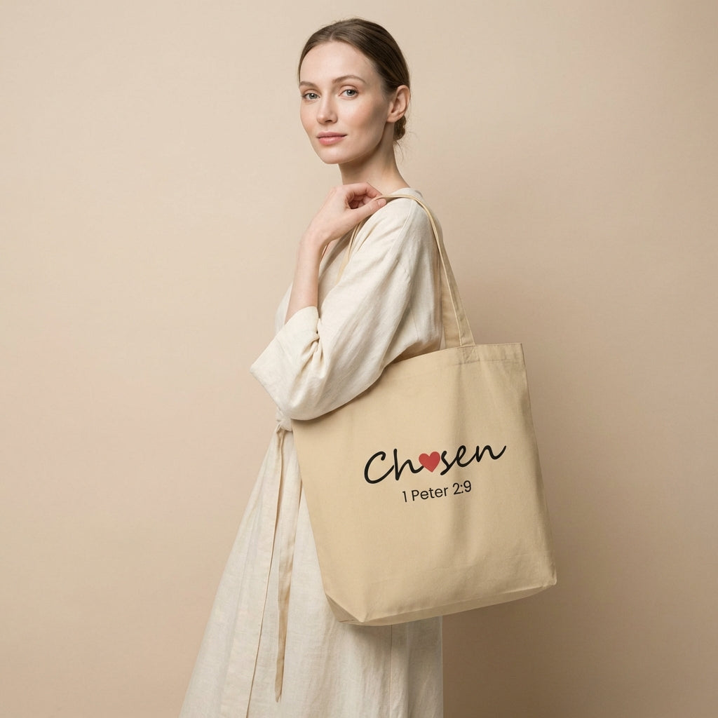 Model holding a natural cotton tote bag printed with “Chosen” (red heart accent) and “1 Peter 2:9” beneath.