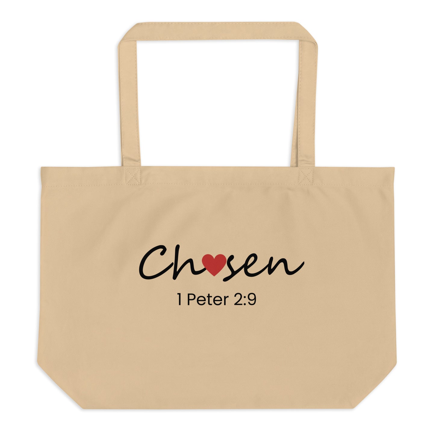 Large natural cotton tote bag with “Chosen” in black script with a red heart accent and “1 Peter 2:9” printed underneath.