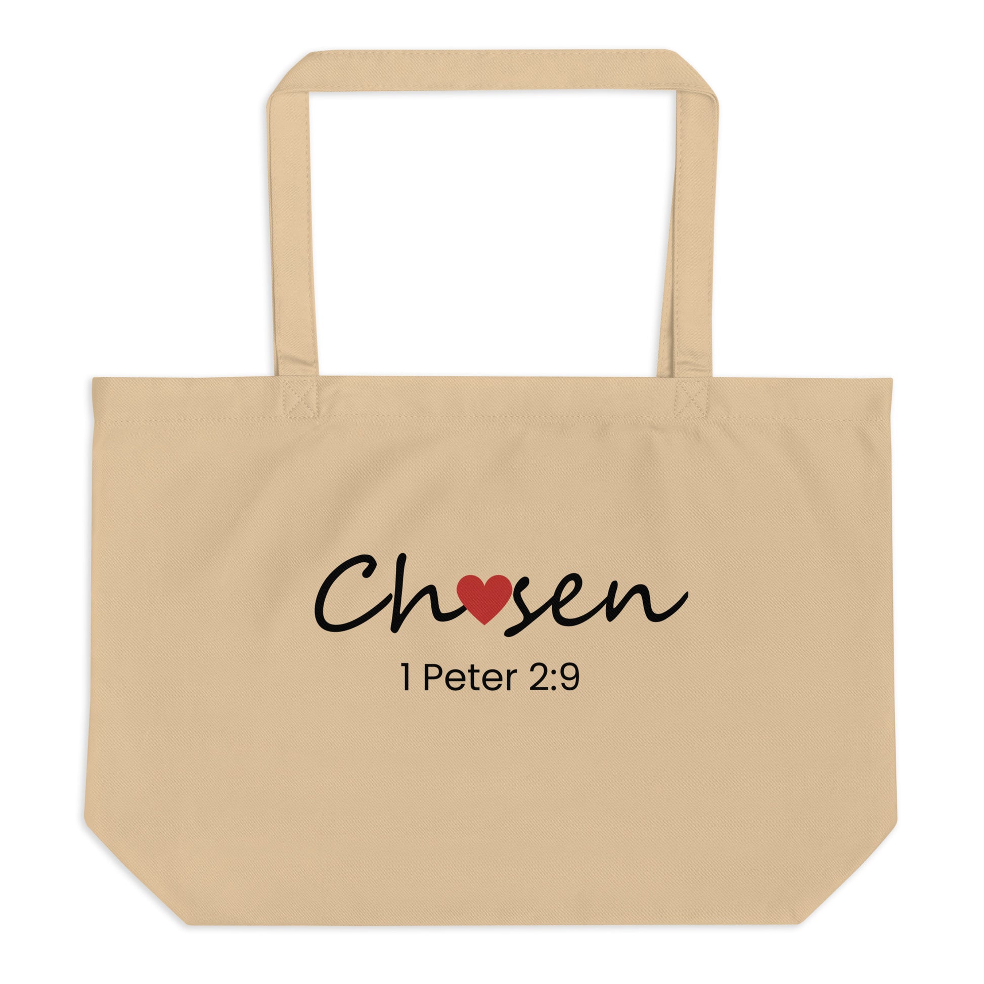 Large natural cotton tote bag with “Chosen” in black script with a red heart accent and “1 Peter 2:9” printed underneath.