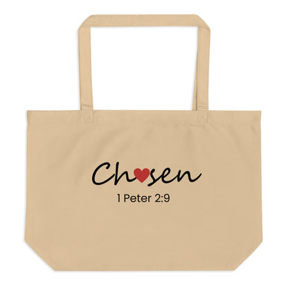 Large natural cotton tote bag with “Chosen” in black script with a red heart accent and “1 Peter 2:9” printed underneath.