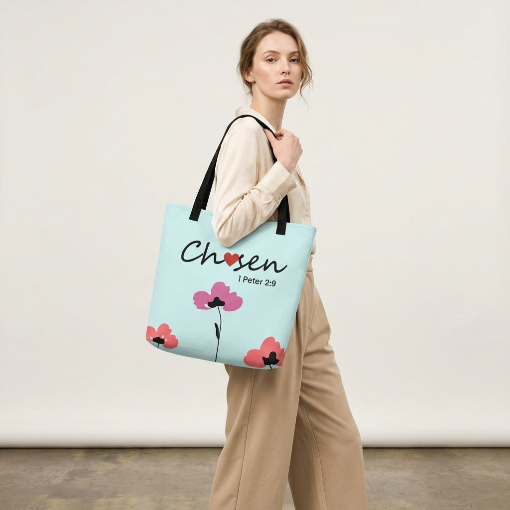 Woman modeling a light blue Christian tote bag with black straps, floral artwork, and the word “Chosen” with the Bible verse “1 Peter 2:9” printed on the front.