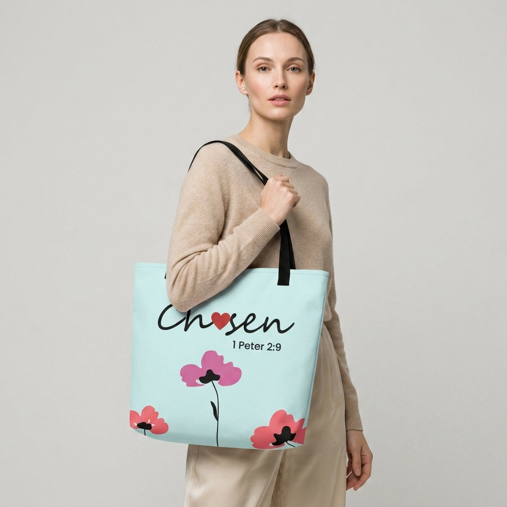 Woman modeling a light blue Christian tote bag with black straps, floral artwork, and the word “Chosen” with the Bible verse “1 Peter 2:9” printed on the front.