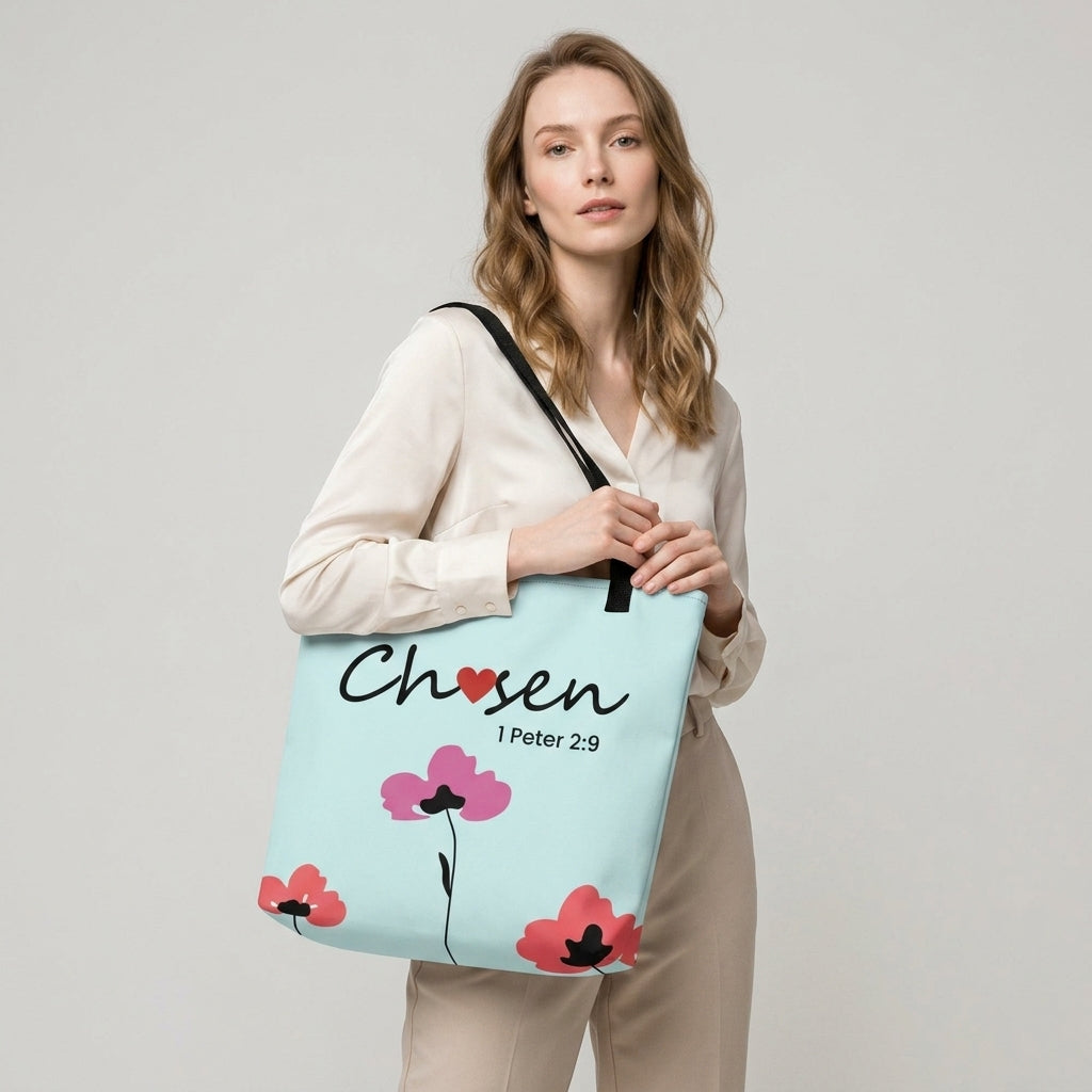 Woman modeling a light blue Christian tote bag with black straps, floral artwork, and the word “Chosen” with the Bible verse “1 Peter 2:9” printed on the front.