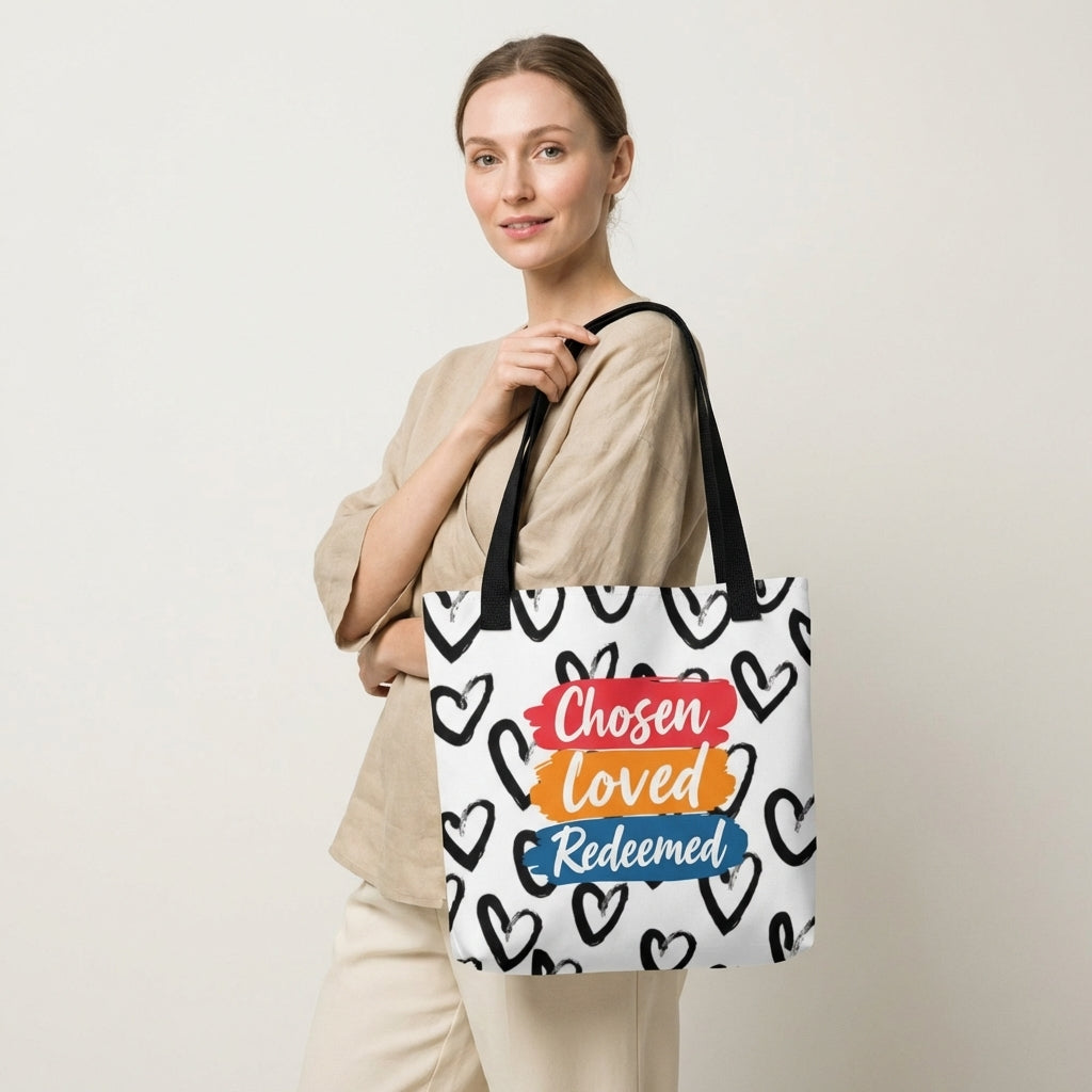 Model carrying a white tote with black handles featuring the black heart pattern and “Chosen Loved Redeemed” design.