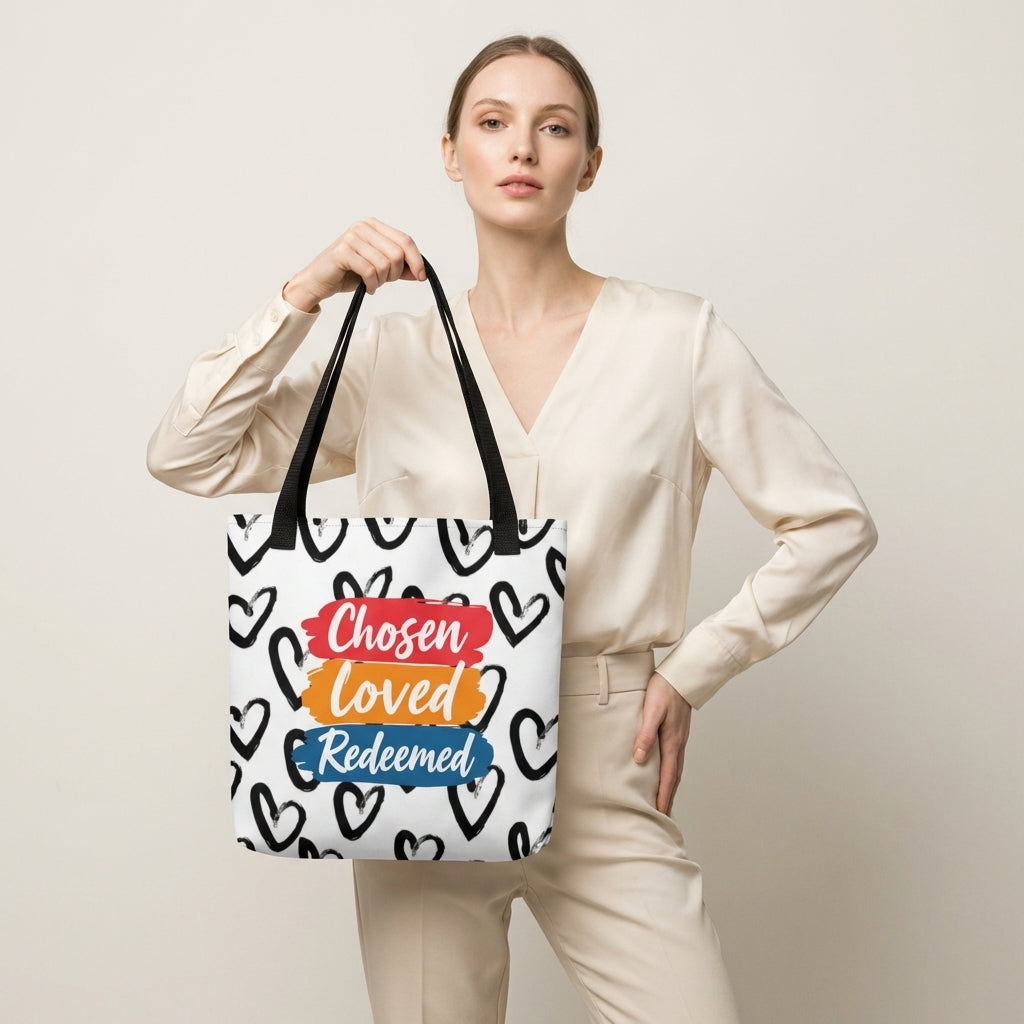 Model carrying a white tote with black handles featuring the black heart pattern and “Chosen Loved Redeemed” design.