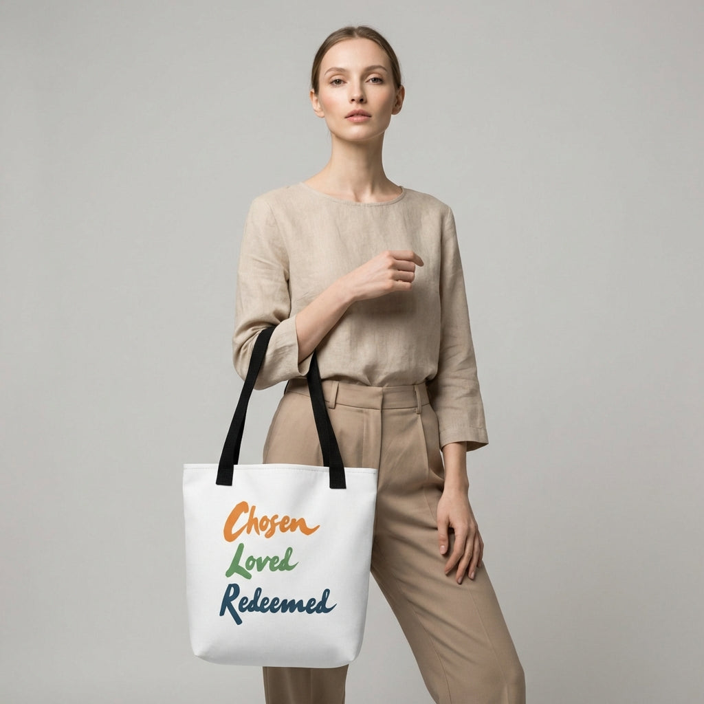 Model holding a white tote bag with black handles that reads “Chosen Loved Redeemed” in colorful script.
