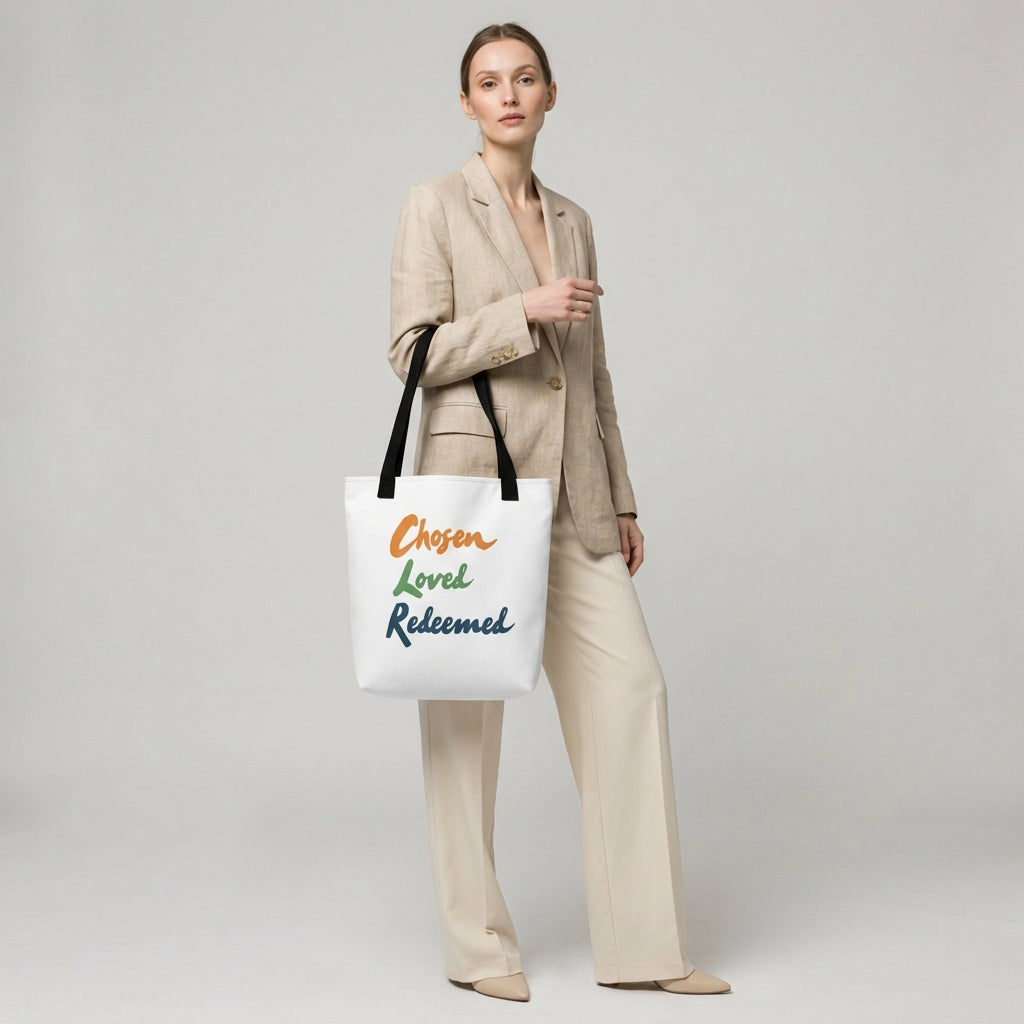 Model holding a white tote bag with black handles that reads “Chosen Loved Redeemed” in colorful script.