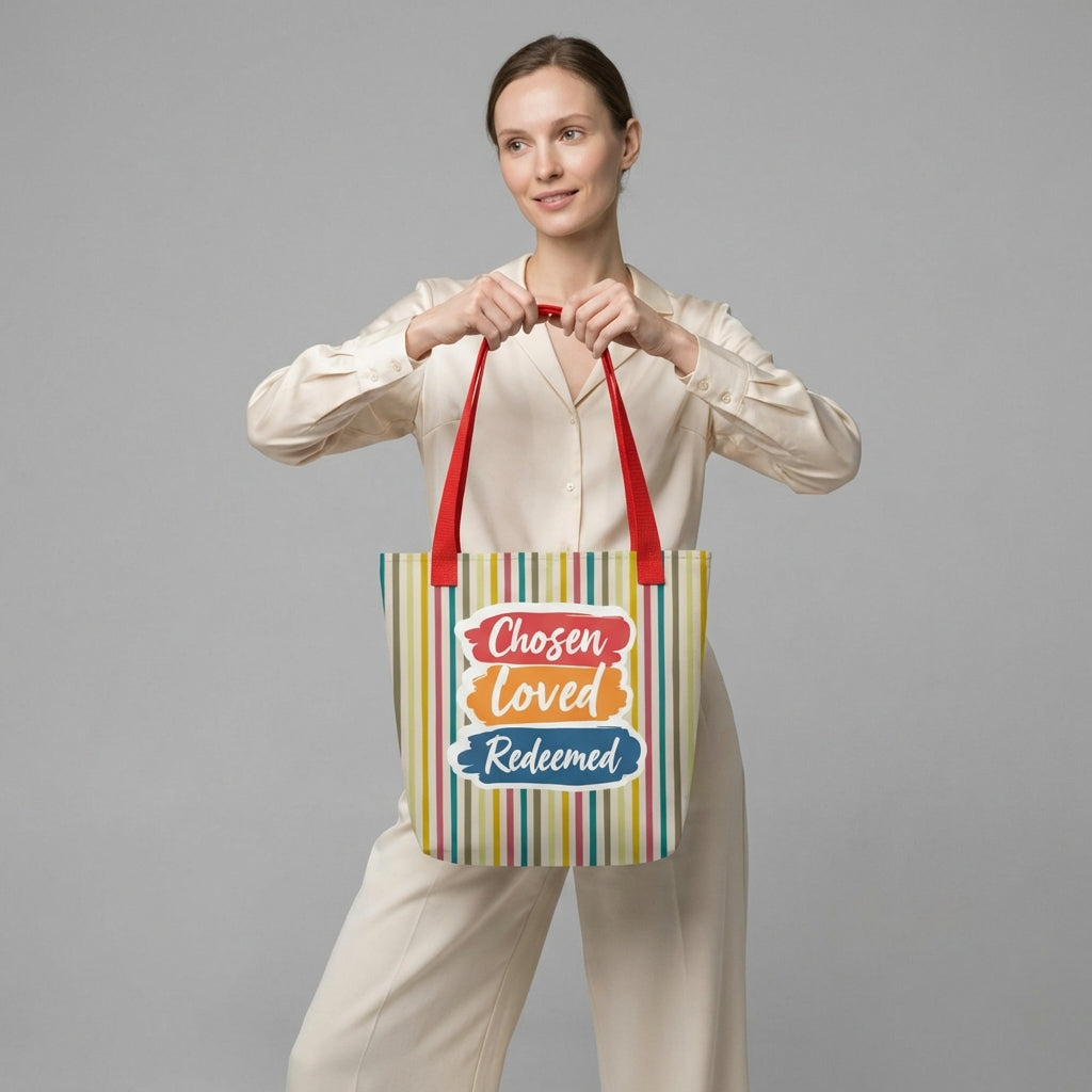 Model holding a striped tote bag with red handles that reads “Chosen Loved Redeemed” in white script on colorful brushstroke blocks.