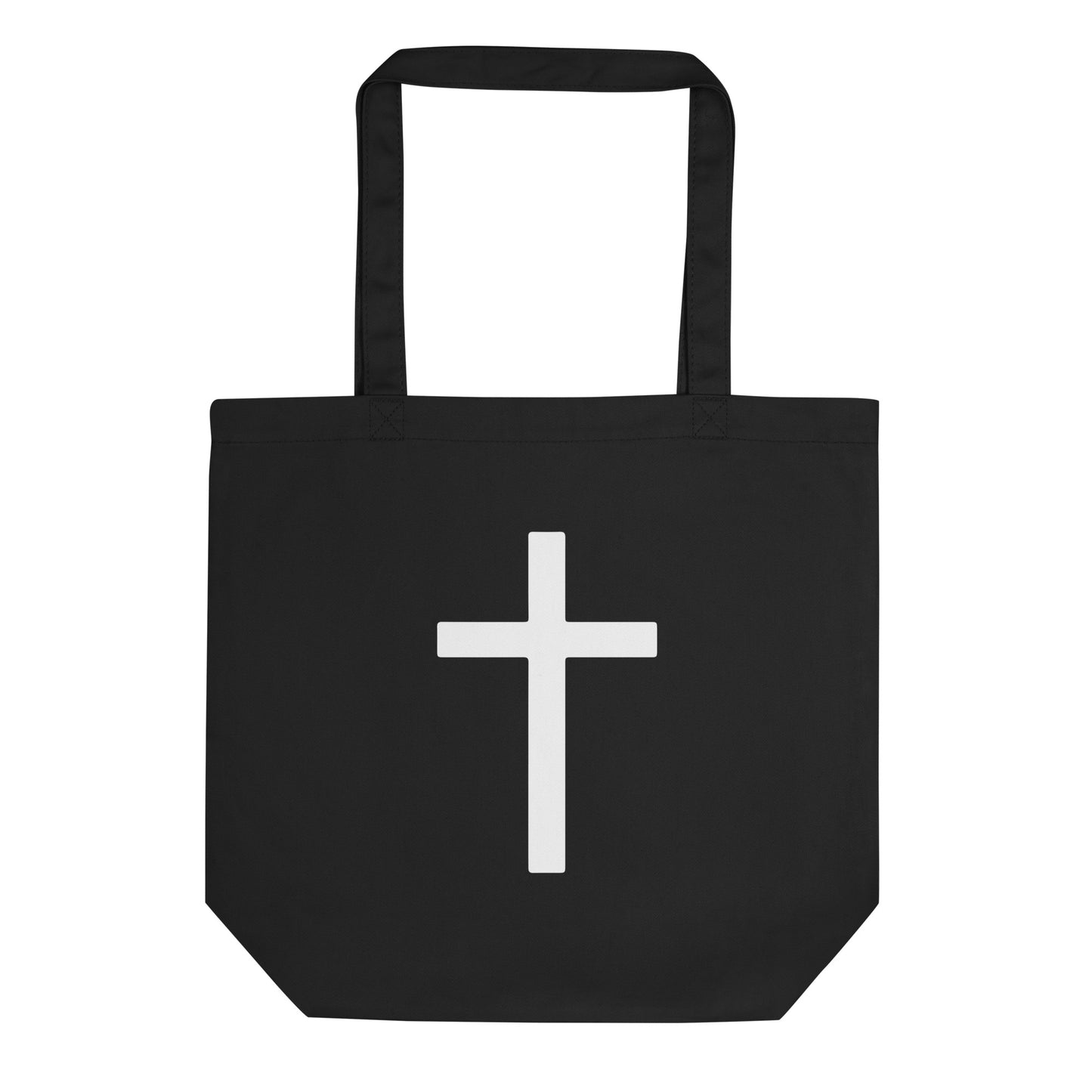 Black cotton tote bag with a large white cross design on the front.