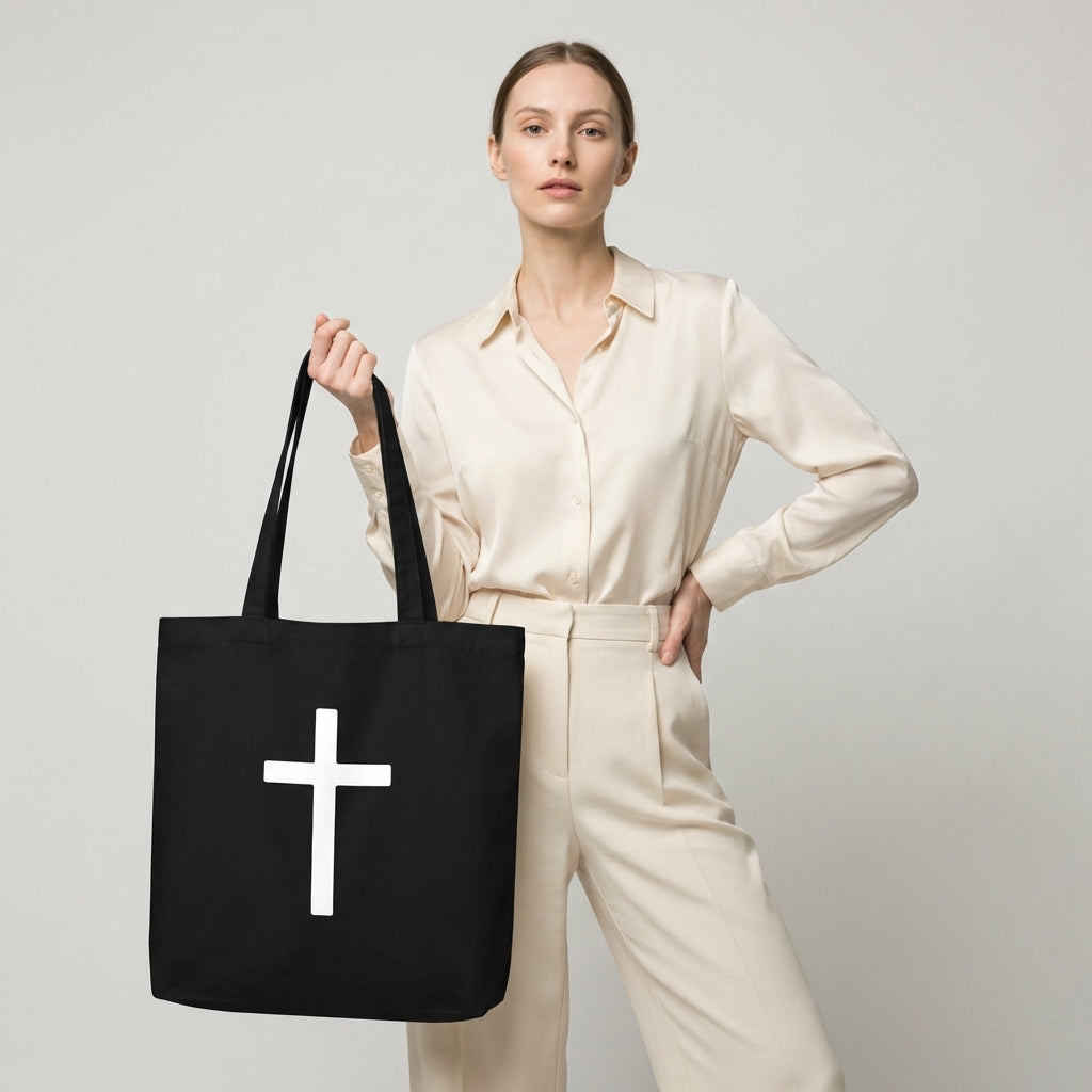 Model holding a black cotton tote bag featuring a large white cross design on the front.