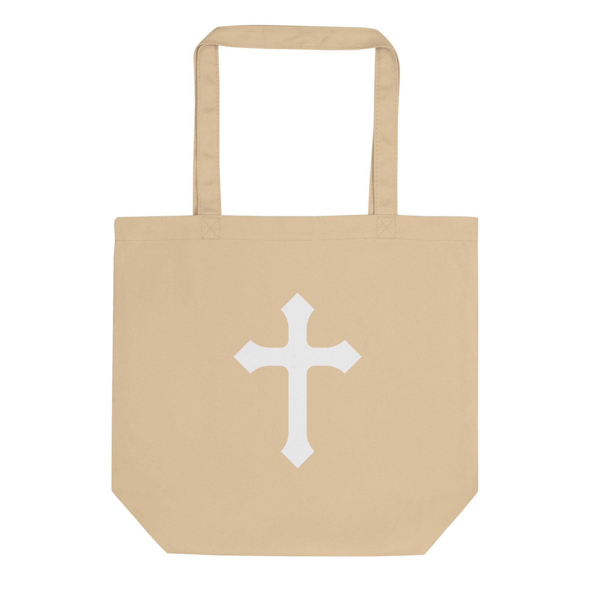 Natural cotton tote bag with a large white cross graphic centered on the front.