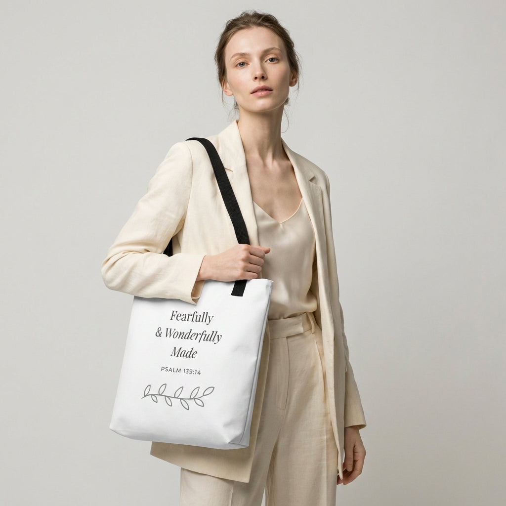 Lifestyle photo of a model holding a white tote bag with black handles featuring “Fearfully & Wonderfully Made,” “Psalm 139:14,” and a leaf vine design in dark gray.