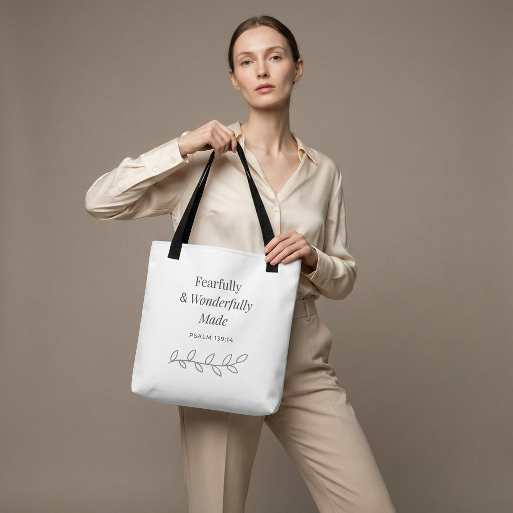 Lifestyle photo of a model holding a white tote bag with black handles featuring “Fearfully & Wonderfully Made,” “Psalm 139:14,” and a leaf vine design in dark gray.