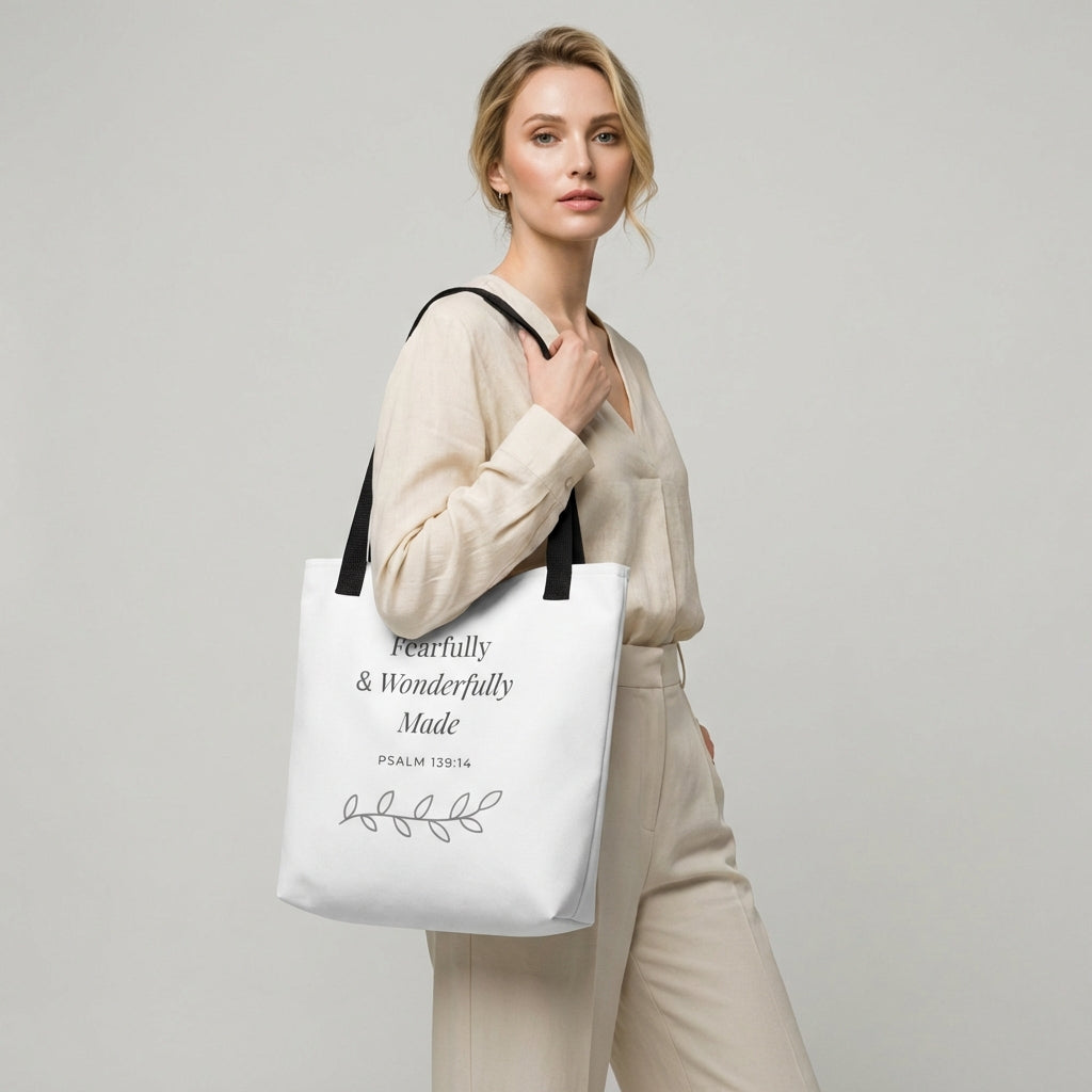 Lifestyle photo of a model holding a white tote bag with black handles featuring “Fearfully & Wonderfully Made,” “Psalm 139:14,” and a leaf vine design in dark gray.