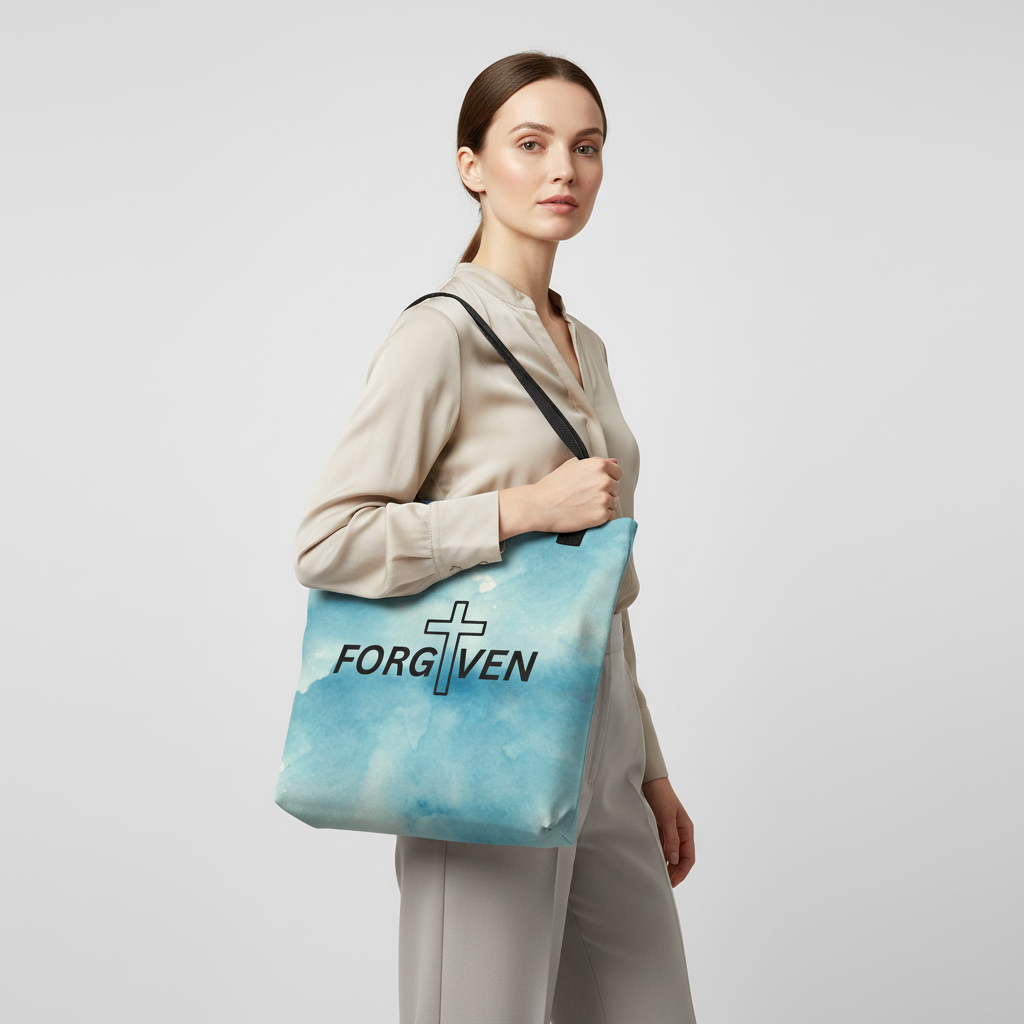 Model wearing a blue watercolor “FORGIVEN” tote with black straps, featuring a cross-and-text Christian design.