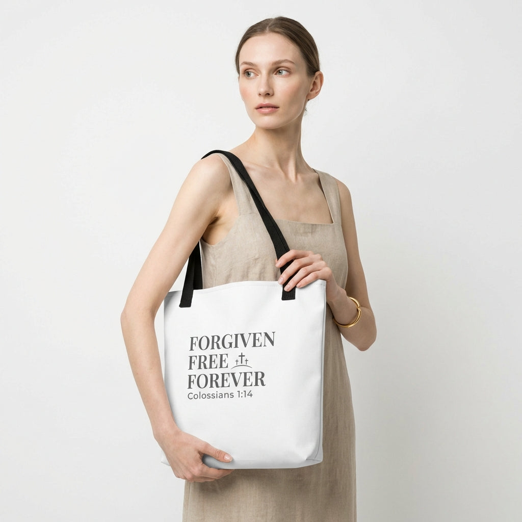 Model holding a white tote bag printed with “Forgiven Free Forever,” “Colossians 1:14,” and a small cross graphic.