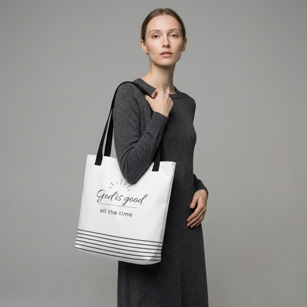 Model holding a white tote bag with black handles that reads “God is good all the time” in dark gray with a striped bottom design.