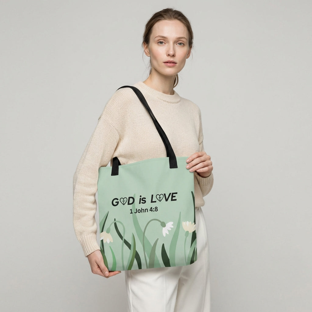 Lifestyle photo of a model carrying the sage green “GOD is LOVE” (1 John 4:8) Christian tote bag with floral design and black straps.