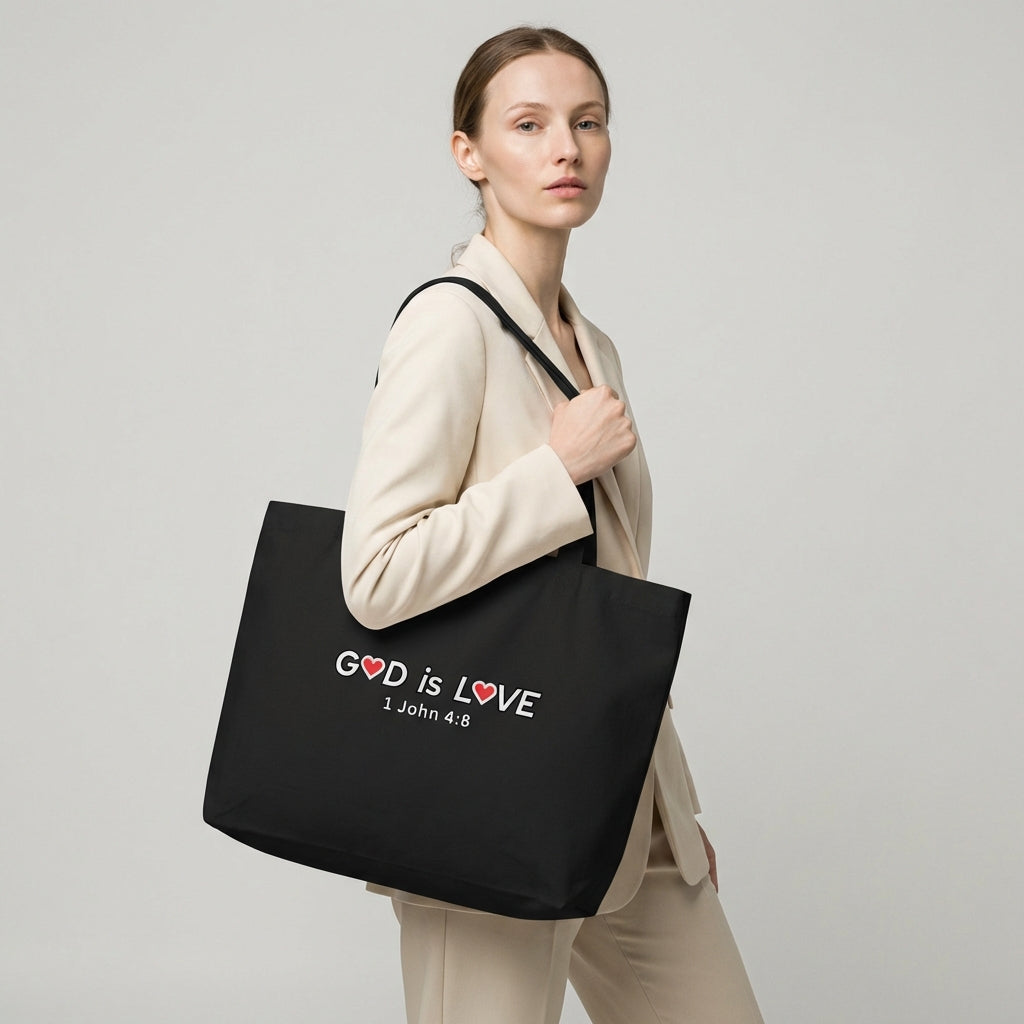 Model holding a large black cotton tote bag printed with “GOD is LOVE,” red heart accents, and “1 John 4:8.”