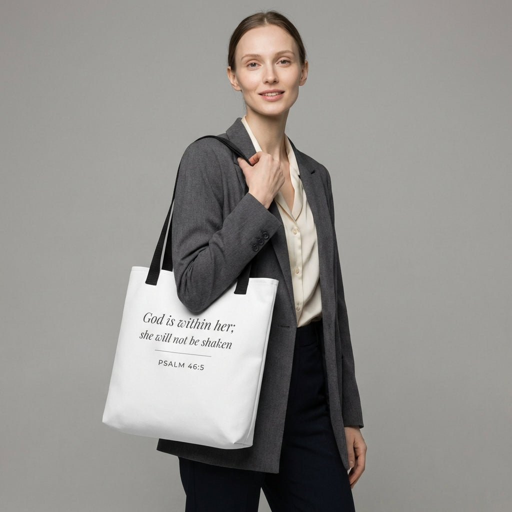 Lifestyle photo of a model holding a white tote bag featuring ‘God is within her; she will not be shaken’ (Psalm 46:5) in dark gray.